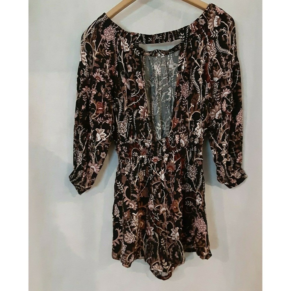 Free People Womens Small Long Sleeved Floral Romper Black Multi Colored
